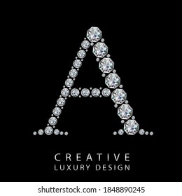 A diamond letter vector illustration. White gem symbol logo for your luxury business, casino, jewelry or web site. Upper letter with many sparkling diamonds isolated on black background.
