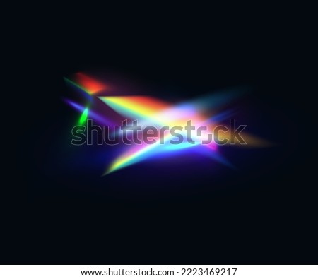 Diamond light flare, rainbow crystal light leak flare reflection effect. Vector colorful optical lens or lights beam, flare leak overlay streak. Glowing spectrum glare