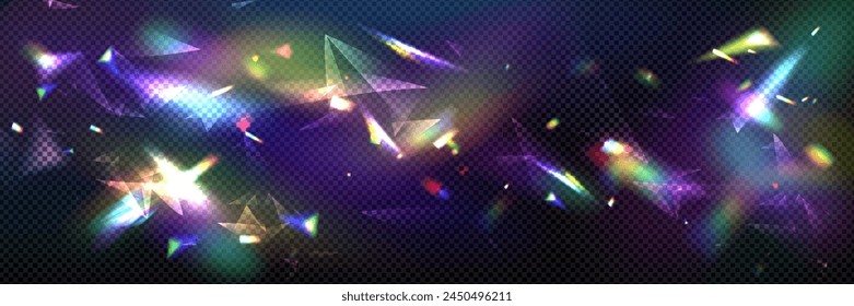 Diamond light and rainbow prism flare glass effect. Crystal shine and glow with abstract iridescent spectrum overlay. 3d glitter spark filter with neon refraction and optical hologram from jewelry