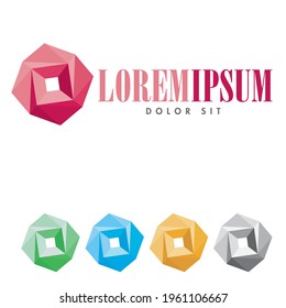 Diamond like abstract shape logo template vector illustration. Irregular object, disruption symbol. Color variations, sample text on separate layer