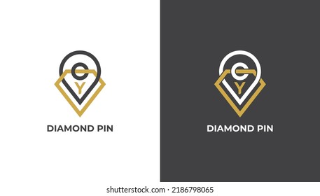 Diamond Location Pin Logo Concept sign icon symbol Design Line Art Style with Letter Y. Jewelry Logotype. Vector illustration logo template