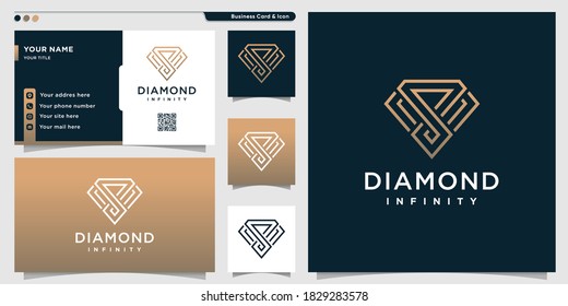 Diamond logo with golden infinity line art style and business card design template Premium Vector