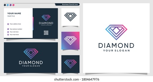 Logotipo de diamante con estilo de arte de línea degradada y diseño de tarjeta de visita Premium Vector