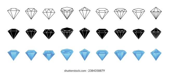 Logo de Diamond. Icono de piedra preciosa. Forma de silueta de contorno negro. Pictograma de cristal del tesoro. Carat de gema brillante. joyas caras. Pureza de la piedra de joyas faceteadas. Conjunto de símbolos vectoriales