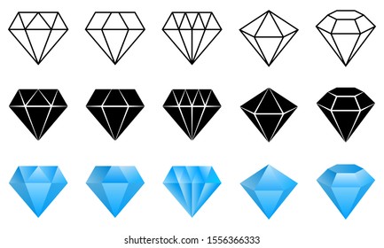 Diamond logo. Set of vector icons. Black, linear and color luxury symbols. Abstract jewelry gemstones isolated on white. Blue crystals. Various forms of diamond cut. Jewelry logo design.