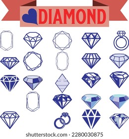 Diamond logo. Set of vector icons. Black, linear and color luxury symbols. Abstract jewelry gemstones isolated on white. Blue crystals. Various forms of diamond cut. Jewelry logo design.