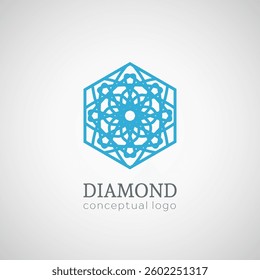 Diamond logo top view. Vector linear hexagonal emblem