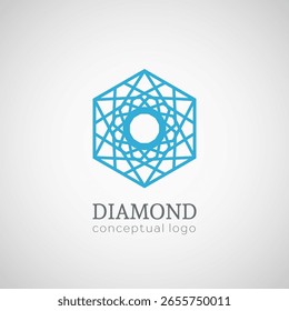 Vista superior del logotipo del diamante. Emblema hexagonal lineal de Vector