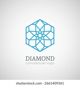 Vista superior do logotipo de diamante. Emblema hexagonal linear de vetor