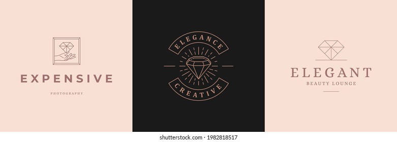 Diamond logos templates set linear vector illustration. Elegant feminine emblems design for cosmetics packaging or jewelry products line art style.