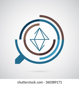 Diamond and magnifier combined in vector sign. For companies in the extraction of minerals and precious stones, jewelry stores, workshops. For company identity, advertising, poster, leaflet, banner.