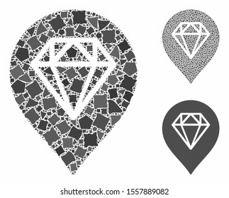 Diamond map marker mosaic of abrupt parts in variable sizes and color tints, based on diamond map marker icon. Vector trembly parts are combined into mosaic.
