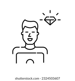 Miembro del diamante. Icono de usuario premium. Hombre en la laptop. Icono perfecto de píxeles