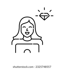 Diamond member. Premium user icon. Woman at laptop. Pixel perfect, editable stroke