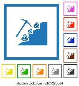 Diamond mining flat color icons in square frames on white background