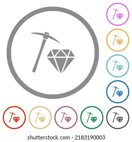 Iconos de color plano de minería de diamantes en contornos redondos sobre fondo blanco