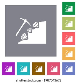 Diamond mining flat icons on simple color square backgrounds