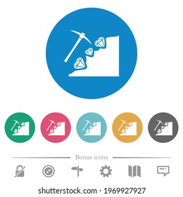 Diamond mining flat white icons on round color backgrounds. 6 bonus icons included.