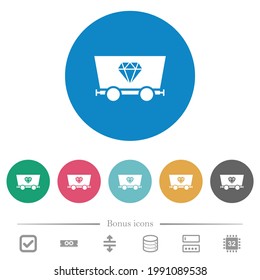 Diamond mining flat white icons on round color backgrounds. 6 bonus icons included.