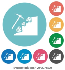 Diamond mining flat white icons on round color backgrounds