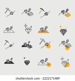 diamond mining icon set diamond and gold trucks and mining equipment