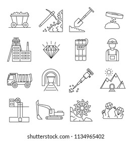 Diamond Mining Signs Black Thin Line Icon Set Include of Mineral, Dump, Truck, Rock and Conveyor. Vector illustration of Icons