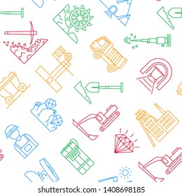 Diamond Mining Signs Thin Line Seamless Pattern Background on a White Include of Mineral, Dump, Truck, Rock and Conveyor. Vector illustration of Icons