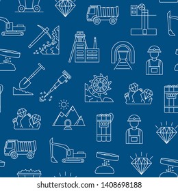 Diamond Mining Signs Thin Line Seamless Pattern Background Include of Mineral, Dump, Truck, Rock and Conveyor. Vector illustration of Icons