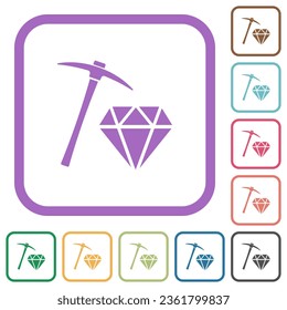 Diamond mining simple icons in color rounded square frames on white background