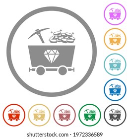 Diamond mining with treasure flat color icons in round outlines on white background