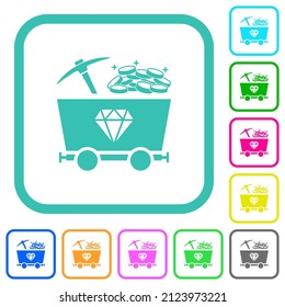 Diamond mining with treasure vivid colored flat icons in curved borders on white background