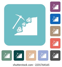 Diamond mining white flat icons on color rounded square backgrounds
