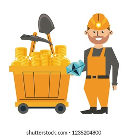 Diamond mining and worker with tools on wagon
