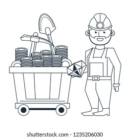 Diamond mining and worker with tools on wagon