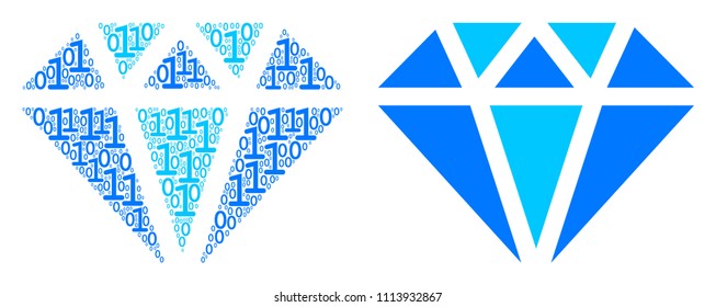 Diamond mosaic icon of one and zero digits in randomized sizes. Vector digits are combined into diamond collage design concept.