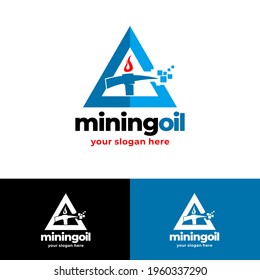 Diamond Mountain Mining Logo, Letter A Simple Modern Flat Logo Style Blue Color with Axe Digger and Oil Gas Concept. Suitable for Oil Gas Company and Mining Factory