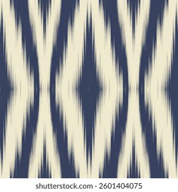 Diamond navy cream ikat fabric featuring bold symmetrical patterns with sharp vertical lines, traditional ethnic textile design combining handcrafted weaving techniques and contrasting tones
