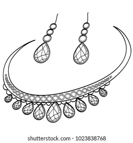 Diamond necklace and earrings. Coloring book vector illustration