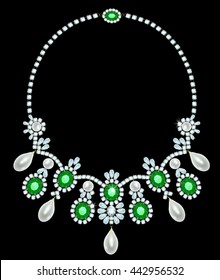 Diamond necklace with emeralds and pearls suspension