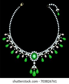 Diamond necklace with emeralds and pearls suspension