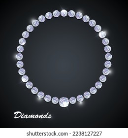 Diamond necklace on dark background. Luxury jewellery graphic with shiny rhinestones. Realistic illustration of diamond necklace vector.