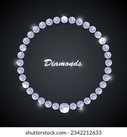 Diamond necklace on dark background. Luxury jewellery graphic with shiny rhinestones. Realistic illustration of diamond necklace vector.