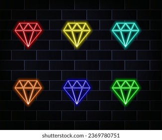 Juego de iconos de neón de diamante. Icono brillante de diamante, ilustración vectorial. rojo, amarillo, azul, naranja y verde.