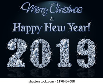 Diamond new 2019 year greeting background, vector illustration