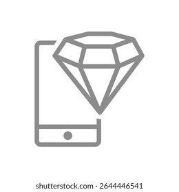 Diamante sobre el icono de línea de teléfono inteligente. Servicios móviles de Premium, App exclusivos o un símbolo tecnológico de lujo. Ilustración vectorial
