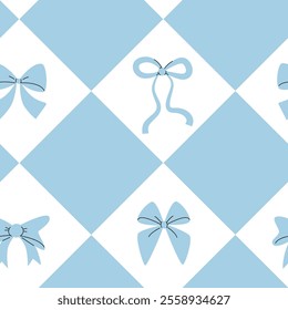 Diamond Pattern with Bows. Blue and White Seamless Pattern. Monochrome Ornament. 