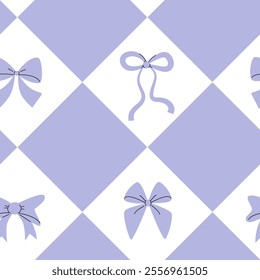 Diamond Pattern with Bows. Lilac and White Seamless Pattern. Monochrome Ornament. 
