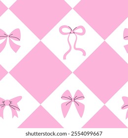 Diamond Pattern with Bows. Pink and White Seamless Pattern. Monochrome Ornament. 