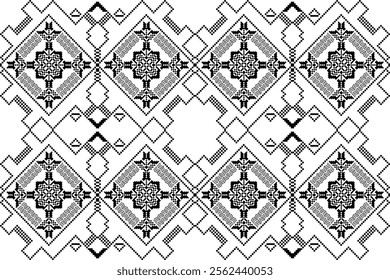 Diamond pattern of geometric flower and abstract shape. Ethnic seamless pattern of black and white. Pixel art, classic, modern, luxury, vintage, batik concept for home decor, wallpaper, fabric texture