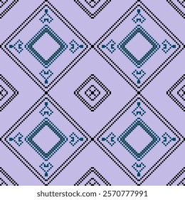 Diamond pattern of geometric pixel shape. Geometric shape seamless pattern on purple background. Black, green, classic, elegant, ethnic, design concept for wrapping, fabric texture, decoration, floor.